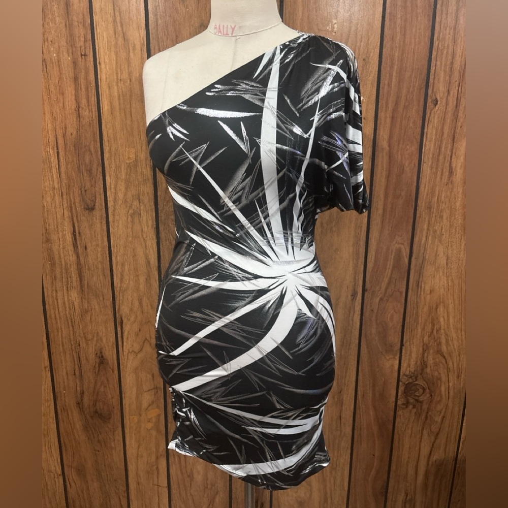 One-Shoulder Mini Dress, Black and White
